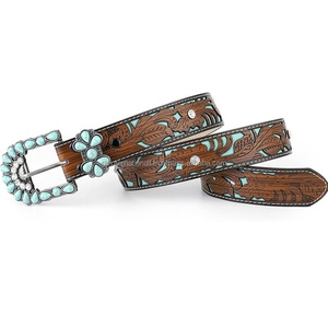 Customized Turquoise Hand Carving Full Grain Tan Brown Western Leather <b>Tooling</b> <b>Belt</b> for Men and Women with Beaded Buckle - Product Image 3