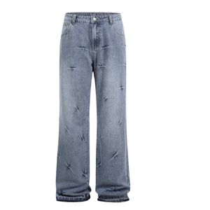 Jean baggy en denim pour homme avec logo personnalisé, coupe étoile plissée, jambe large, délavage clair, style vintage, streetwear épais - Product Image 6