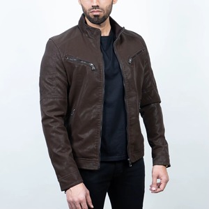 Chaqueta de cuero PU marrón para hombre, chaqueta de motociclista con cremallera, cuello alto, bolsillos con cremallera, ropa de abrigo para invierno - Product Image 6