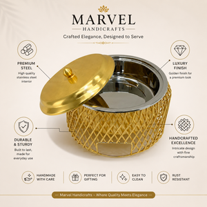 Artesanías Marvel con Acabado Dorado de Lujo |   Cazuela Aislada de Acero Inoxidable con Cesta Decorativa de Alambre de Hierro para Servir Comida - Product Image 5