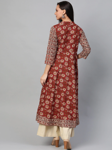 ชุดอานาร์กาลีคุร์ตาสำหรับผู้หญิง สีแดงเลือดหมู ผ้าฝ้าย พิมพ์ลายดอกไม้ ดีไซน์คอเสื้อแบบจีน แขนสามส่วน สไตล์ชาติพันธุ์ต่างๆ ทั่วโลก - Product Image 2