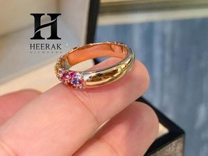 Luxury Rainbow Sapphire Pave Eternity Band 14K Gold Multi Color Gemstone <b>Dome</b> <b>Ring</b> Confetti Diamond Stacking Wedding Jewelry - Product Image 4