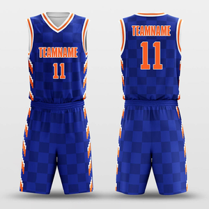 Uniformes de Baloncesto Sublimados Personalizados, 100% Poliéster Transpirable, Azul y Naranja a Cuadros, Cuello en V, Sin Mangas, Secado Rápido, Unisex para Adultos - Product Image 1