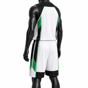 Ensemble de maillots de basket-ball personnalisés pour hommes, blanc, vert, noir, sublimé, col en V, manches courtes, évacuation de l'humidité, coupe régulière, logo sur le devant - Product Image 4
