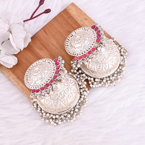 Shilpi Impex SHER-0877 <b>Pink</b> Hydro <b>Pearl</b> Stone German Silver Silver Plated Ethnic Design Big Jhumka <b>Earring</b> - Product Image 2