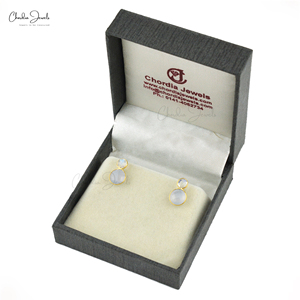 Natural Blue Chalcedony & Rainbow Moonstone Round Gemstone <b>Studs</b> in 925 Sterling <b>Silver</b> Push Back Earrings at Factory Cost - Product Image 5