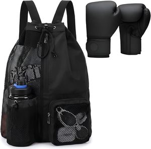 Black Mesh Drawstring <b>Backpack</b> with Water Bottle Pocket and Boxing Gloves Storage for Gym <b>Training</b> - Product Image 1