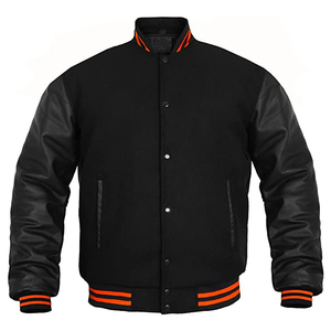 Veste varsity noire pour homme avec bordure orange, fermeture à boutons, manches en cuir PU, broderie chenille personnalisée, veste bomber d'automne - Product Image 1