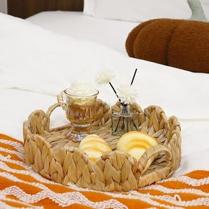 Handwoven Natural Seagrass Serving <b>Tray</b> with Handles Round Wicker Basket <b>Tray</b> for Home Kitchen Coffee Table Decor - Product Image 3