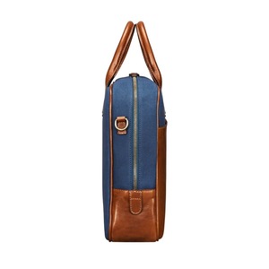 Porte-documents bicolore bleu toile et cuir marron pour homme – Sac de bureau premium pour ordinateur portable avec poignée supérieure – Commande en gros - Product Image 3