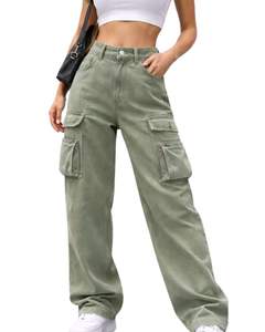 Jean cargo en denim vert olive taille haute à jambe large avec plusieurs poches, style urbain, coupe décontractée pour femme, personnalisable OEM - Product Image 1