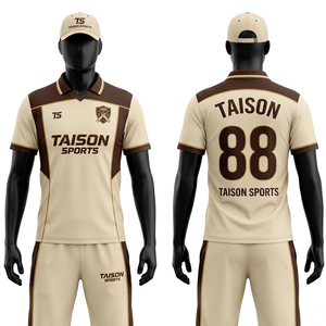Mens <b>Cricket</b> Jersey 180 GSM Premium Micro Polyester Breathable Brown <b>White</b> Gold Panel Design Custom Sublimation Logo Embroidery - Product Image 2