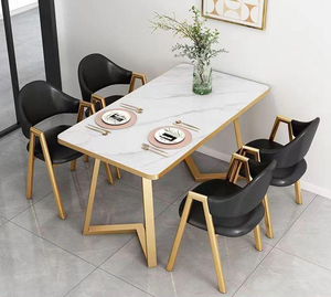 Table à manger moderne en bois massif avec plateau en marbre blanc, chaises en cuir gris, design rectangulaire minimaliste de luxe, pliable pour hôtel - Product Image 4