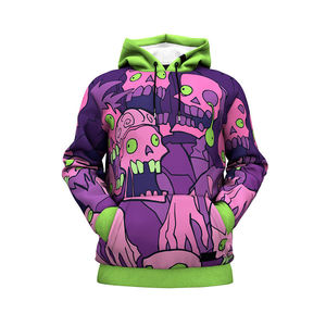Sweat à capuche graphique personnalisé pour homme, imprimé zombie violet, contraste vert lime, masque facial intégré, coupe oversize, style streetwear tendance - Product Image 1