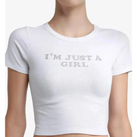 Camisetas Cortas Básicas de Verano para Mujer, Estilo Acid Wash, Cuello Redondo, Manga Corta, Casual, con Cuentas, Spandex/Algodón, Tela Jersey con Serigrafía