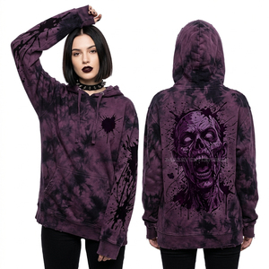 Sudadera con capucha para mujer, color ciruela oscuro, con estampado tie-dye y salpicaduras de tinta en las mangas, gráfico Scream Zombie, de tejido grueso, con efecto desgastado, estilo moda alternativa - Product Image 1