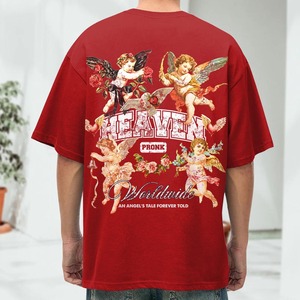 เสื้อยืดโอเวอร์ไซส์สีแดงพิมพ์ลาย Heaven สำหรับผู้ชาย แขนสั้น คอกลม ผ้าคอตตอนเจอร์ซีย์ สไตล์สตรีทแวร์ - Product Image 4