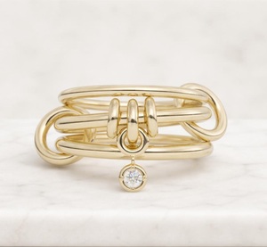 14K Solid Gold Interconnected Ring with Lab Grown Diamond Dangle <b>Three</b> Gold Link Band Link Connector Ring Stackable Charm Band - Product Image 2