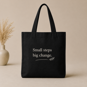 Canvas Fashion Tote <b>Bag</b> <b>Medium</b> <b>Size</b> Black with 'Small Steps Big Change' Print Groceries Daily Use Hand Length Handle - Product Image 1