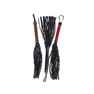 Leather Whip With Black Fringes And Braided Handle In <b>Red</b> And Brown Colors - Product Image 1