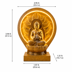 Fontaine d'eau Bouddha haut de gamme avec halo LED rétroéclairé, sur pied, en fibre artisanale, fontaine de méditation intérieure de luxe pour la maison et le temple - Product Image 3