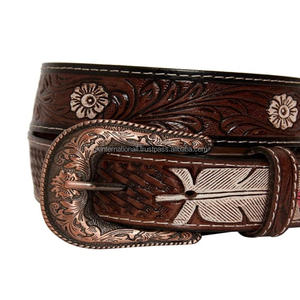 Classic Vintage Style Feather Design Embossed hand carved Western <b>leather</b> <b>tooling</b> <b>belt</b> for unisex with floral engraved buckle - Product Image 5