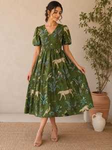 Robe d'été décontractée mi-longue éco-responsable en coton tissé vert, imprimé floral, col en V, manches courtes, coupe trapèze, style bohème, pour soirée, 100 % coton - Product Image 3
