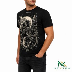 T-shirt personnalisé pour homme avec imprimé aigle guerrier et guitare, style décontracté d'été, streetwear hip-hop, en coton respirant, haut graphique - Product Image 1