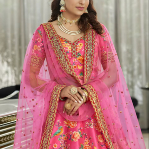 Designer Traditional Floral Summer <b>Lehenga</b> Choli Premium Digital Print Silk Ghagra Zari Border Luxury Indian Bridal <b>Guest</b> - Product Image 1