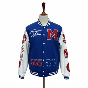 Veste bomber universitaire de baseball de haute qualité fabriquée par un fabricant OEM, avec écussons brodés en chenille et manches en cuir. - Product Image 1