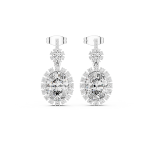 Boucles d'oreilles pendantes ovales vintage en argent de luxe avec halo de diamants, bijoux fins unisexes, certifiées IGI, cadeau de fiançailles ou de mariage - Product Image 1