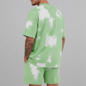 Men Tie Dye Green T-Shirt Set Casual Summer Knitted 2 Piece Outfit <b>Short</b> Sleeve Top and Drawstring <b>Shorts</b> - Product Image 3