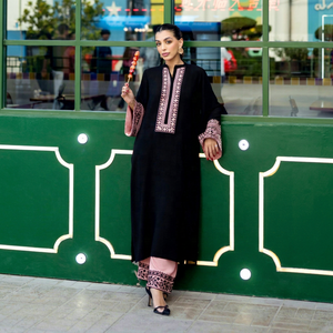 Black Embroidered <b>Kaftan</b> With Pink Pant Loose Fit For Traditional <b>Indian</b> & Pakistani Women's Casual Wear - Product Image 1