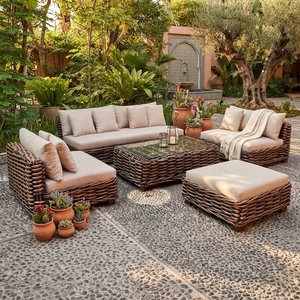 Outdoor <b>Rattan</b> Woven <b>Sofa</b> Set Mahogany Wood White Wash <b>Rattan</b> Furniture Glass Table Lounge Chair Ottoman Setup Art Design - Product Image 5