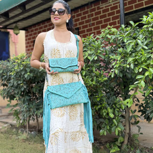 Combo de bolso y embrague con flecos hechos a mano, herramientas de tallado hechas a mano, bolso bandolera de Color turquesa, bolsos y billetera con estilo occidental - Product Image 1