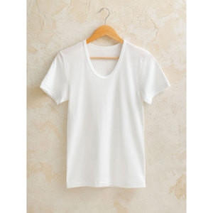 T-shirt 100% a maniche corte in cotone a U da donna, taglia L - Product Image 1