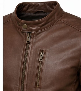 Chaqueta de moto de cuero original para hombre, azul y marrón, con cuello alto, cierre de cremallera, corte ajustado, manga regular, estilo color block para otoño - Product Image 6
