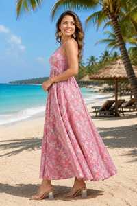 Pink Chiffon Floral <b>Spaghetti</b> <b>Strap</b> Casual <b>Dress</b> Sleeveless Regular Fit <b>Midi</b> Natural Waist A-Line Summer Sundress Beach Party - Product Image 2