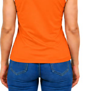 Polo sans manches orange pour femme, col patchwork, coupe ajustée, pour l'équitation et l'entraînement, personnalisable, vente en gros, performance - Product Image 6