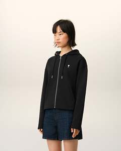 Sudadera con Capucha Corta Negra Unisex Ami, Cierre Frontal con Cremallera, Bordado de Corazón, Estilo Holgado Informal, Ropa de Verano, Tejido de Algodón, Personalizable - Product Image 6