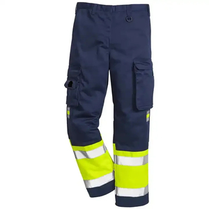 Navy Yellow Reflective <b>Cargo</b> <b>Work</b> <b>Pants</b> Industrial Safety Trousers with Hi Vis Tape for Construction Workwear - Product Image 1