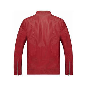 <b>Men's</b> Red Genuine Leather <b>Jacket</b> Zipper Closure Turn Down Collar Casual Autumn Style Regular Fit Vintage Classic Slim Fit - Product Image 3
