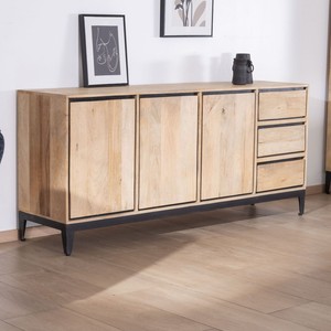 Vandana Autumn Living two-tone, sleek <b>sideboard</b> in natural and black mango wood, 180 cm, with 3 doors and drawers - Product Image 2