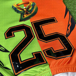 Uniformes de football américain personnalisés, broderie et tissu sergé brillant, ensemble maillot et pantalon Rexion, sublimation néon orange et vert - Product Image 4