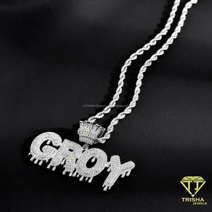 Collier pendentif GROY en diamant Moissanite avec accent couronne, design lettre goutte d'eau, chaîne torsadée étincelante, luxe Hip Hop tendance - Product Image 2