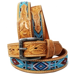 Ceinture en cuir de vache occidental, 100%, cuir de vache de haute qualité, sur mesure, avec travail avec perles, fabrication florales gaufré pour hommes et femmes - Product Image 1