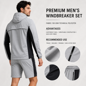 Ensemble survêtement homme coupe-vent réfléchissant personnalisé en polyester avec veste et short – Fournisseur de survêtements avec logo personnalisé - Product Image 5