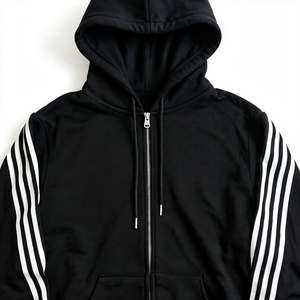 Sweat à capuche noir zippé pour homme avec rayures blanches sur les manches, en polaire, chaud, avec poche kangourou et cordon de serrage, 450g, poids lourd, unisexe - Product Image 3