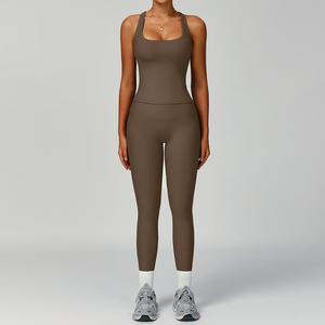 Conjunto de Yoga de 2 Piezas, Cuello Cuadrado, Tirantes Finos, Leggings de Cintura Alta, Largos, Sin Costuras, Acanalados, Ropa Deportiva - Product Image 6