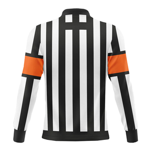 Maillot d'arbitre de football à manches longues pour homme, noir et blanc rayé avec accents orange, demi-zip, chemise d'arbitre officielle pour match - Product Image 2